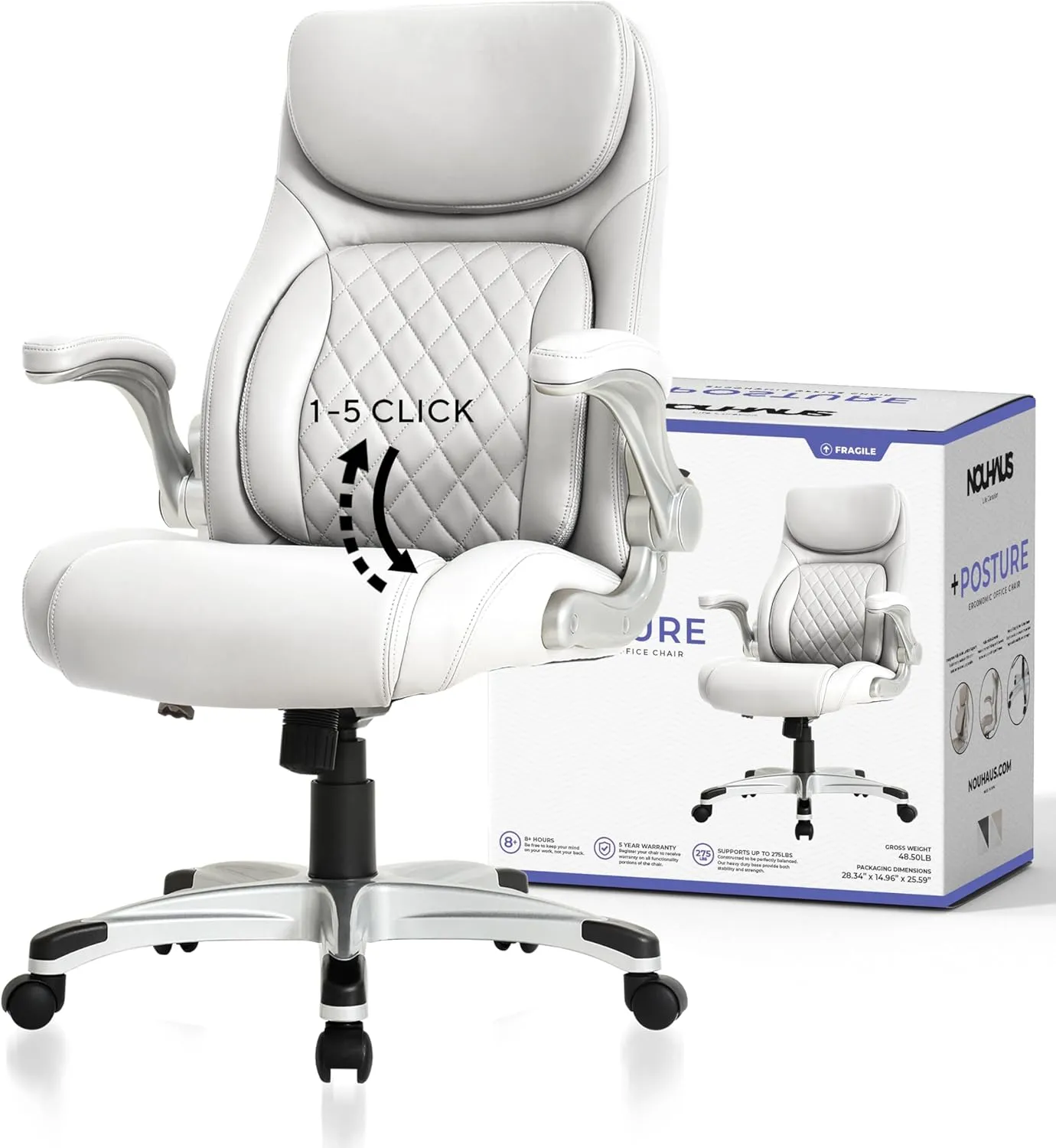 Nouhaus  Posture Ergonomic PU Leather Office Chair. Click5 Lumbar Support with FlipAdjust Armrests. Modern Executive Chair and Computer Desk Chair (White)