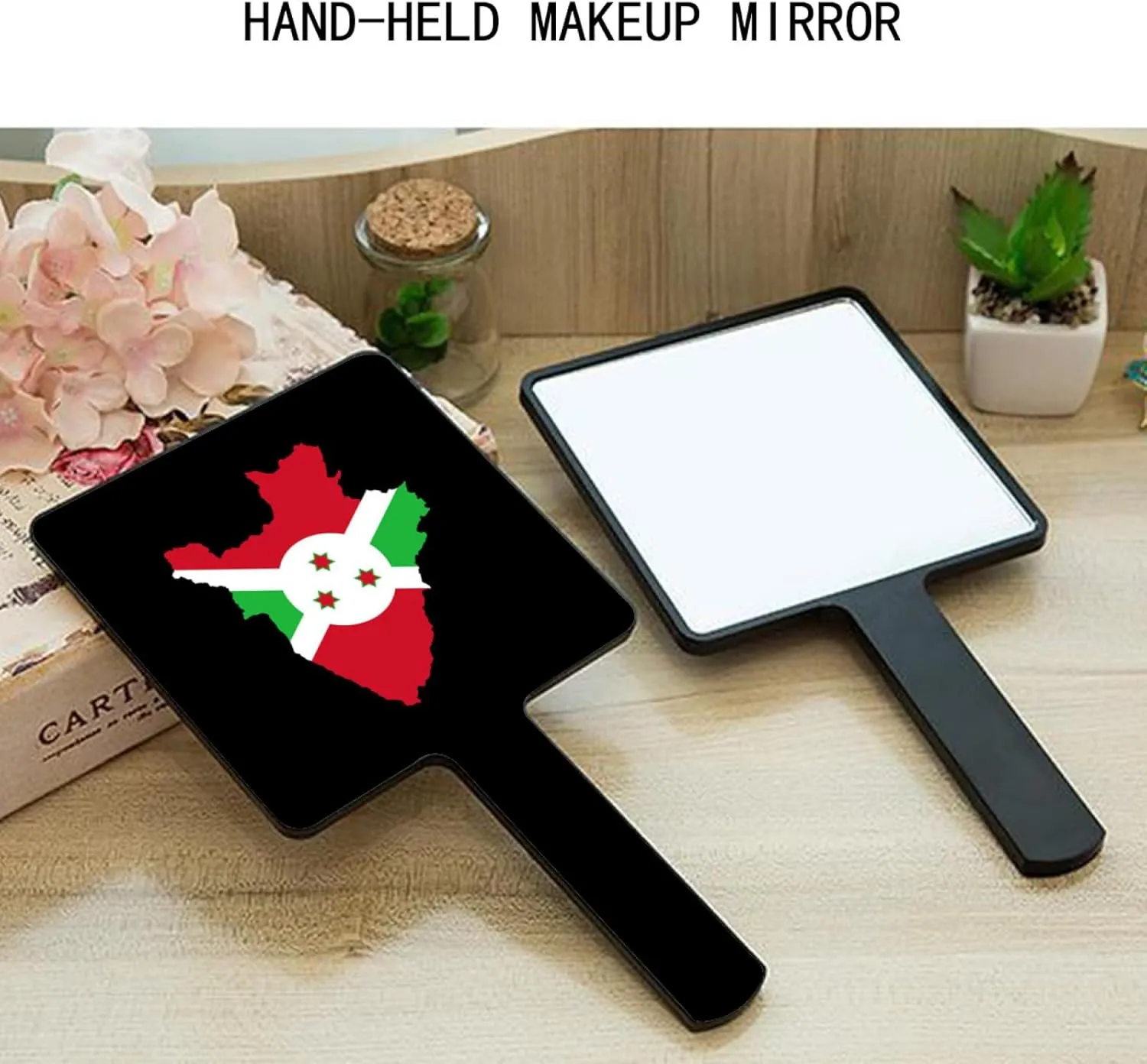 Novelty Republic of Burundi Flag Handheld Makeup Mirror Square Travel Cosmetic Mirror Portable Vanity Mirror Tool Fit Daily, Shaving, Beautify, Travel Black 9×16Cm