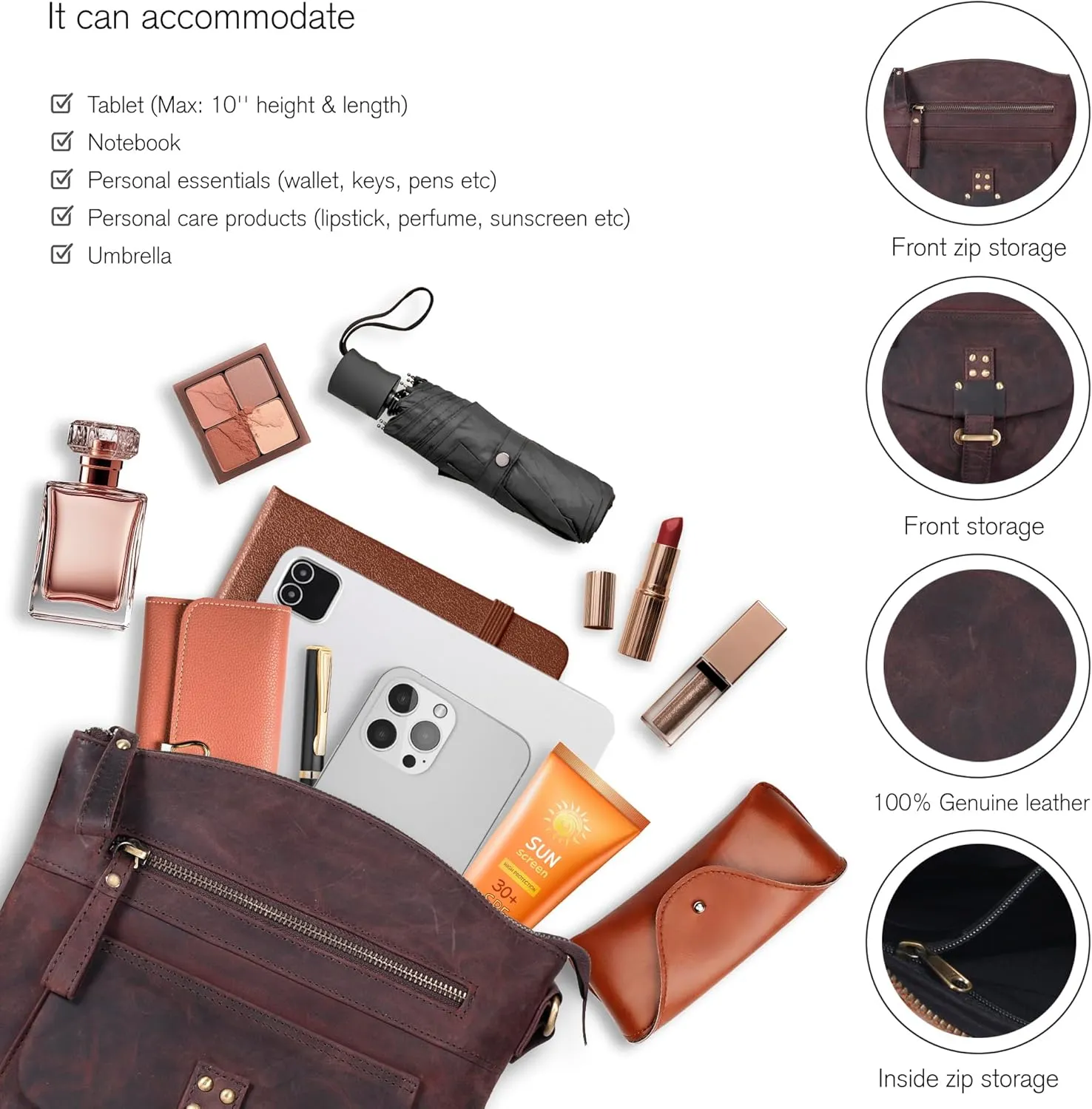 Oak Leathers Leather Crossbody Bag For Women With Adjustable Sling Strap - Medium Size Crossover Shoulder Handbag Purse