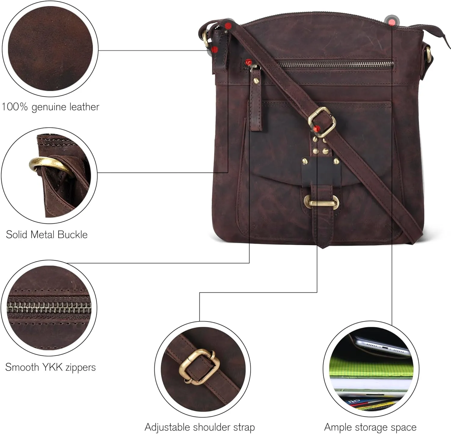 Oak Leathers Leather Crossbody Bag For Women With Adjustable Sling Strap - Medium Size Crossover Shoulder Handbag Purse