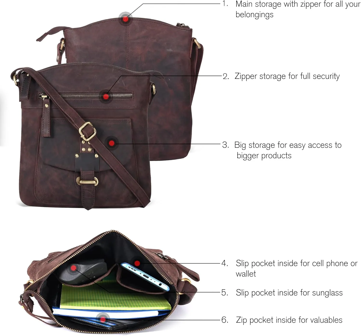 Oak Leathers Leather Crossbody Bag For Women With Adjustable Sling Strap - Medium Size Crossover Shoulder Handbag Purse