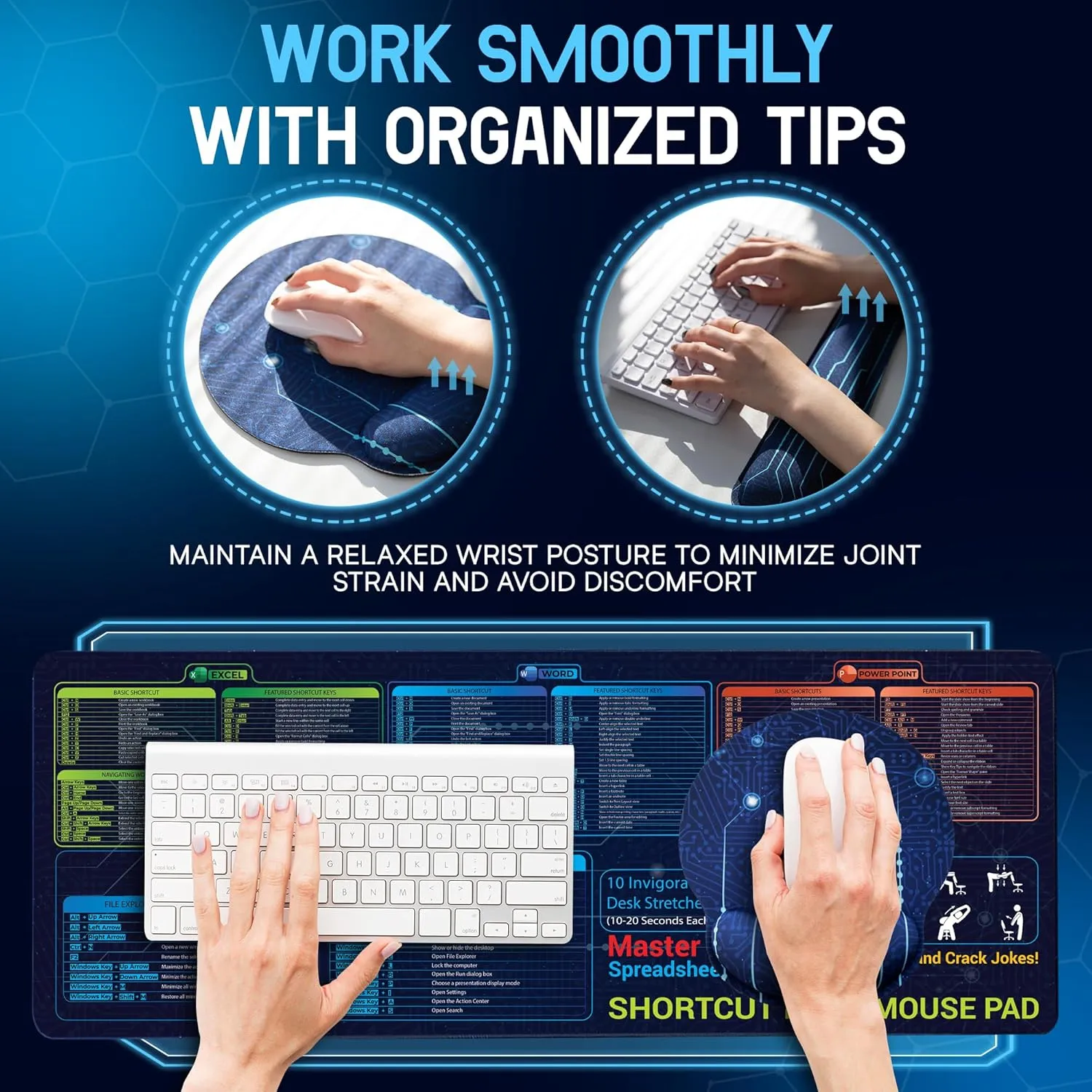 Office Excel Cheat Sheet Desk Pad Excel Word PPT Shortcuts Mousepad Set - 3in1 XL Mousepad   Keyboard&Mouse Wrist Rest Ergonomic Mouse Pad Keyboard Mat Wrist Rest, for Office and Home