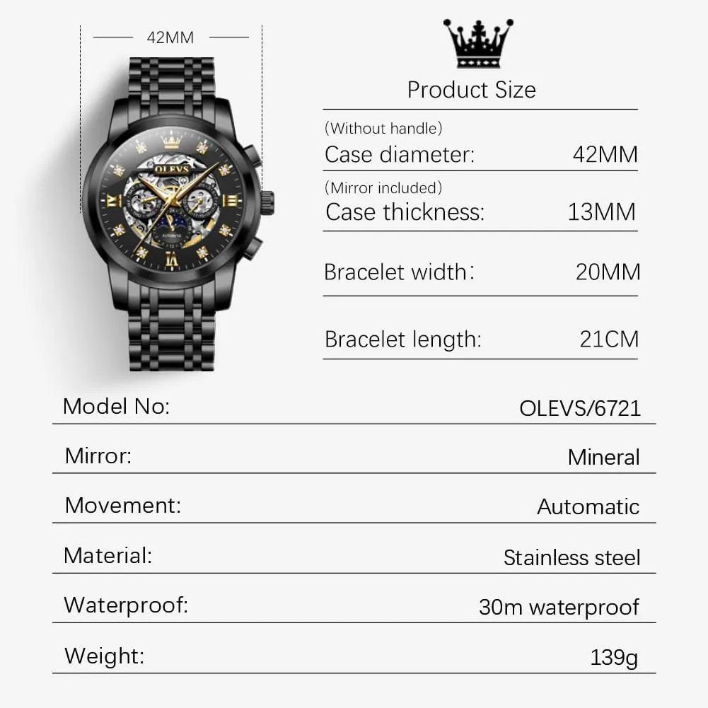 OLEVS Mens Luxury Skeleton Automatic Watch Diamond Self Winding Mechanical Timepiece Gifts Luminous Waterproof