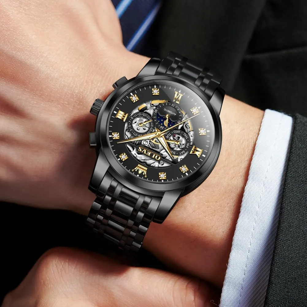 OLEVS Mens Luxury Skeleton Automatic Watch Diamond Self Winding Mechanical Timepiece Gifts Luminous Waterproof