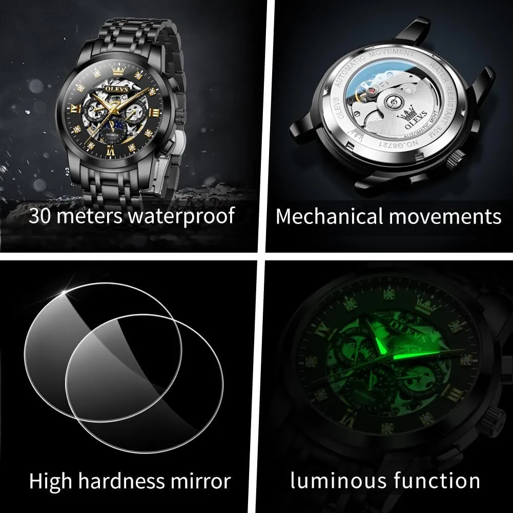 OLEVS Mens Luxury Skeleton Automatic Watch Diamond Self Winding Mechanical Timepiece Gifts Luminous Waterproof