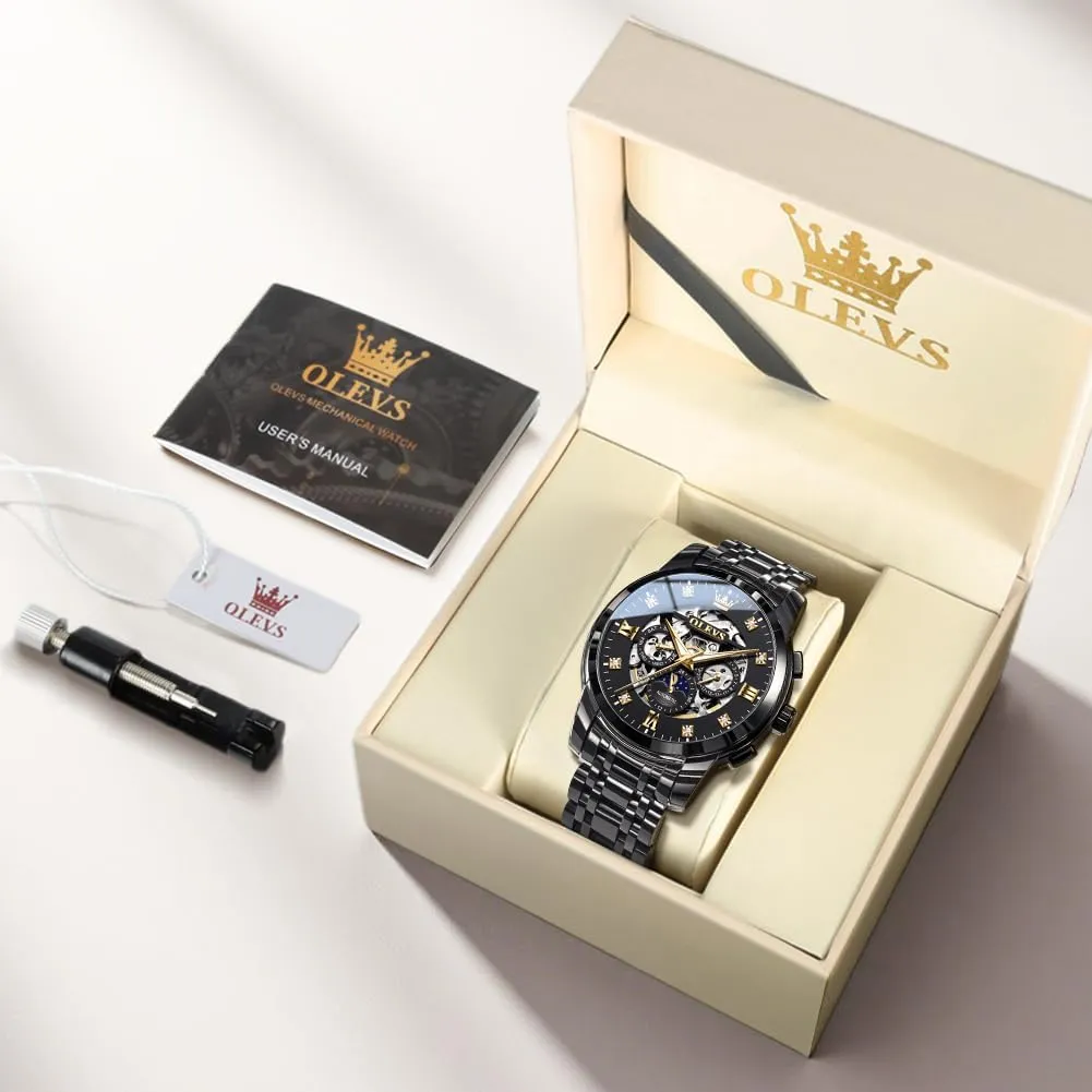 OLEVS Mens Luxury Skeleton Automatic Watch Diamond Self Winding Mechanical Timepiece Gifts Luminous Waterproof