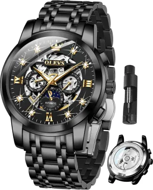 OLEVS Mens Luxury Skeleton Automatic Watch Diamond Self Winding Mechanical Timepiece Gifts Luminous Waterproof