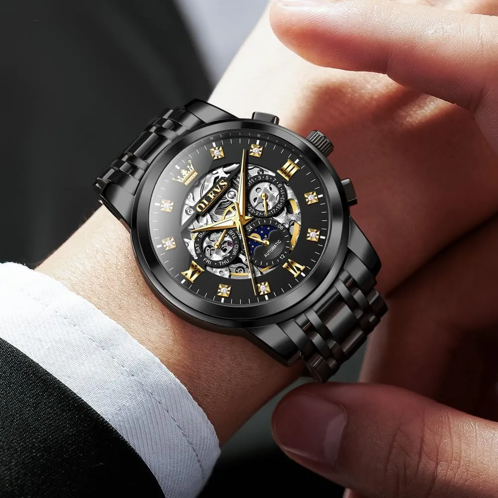 OLEVS Mens Luxury Skeleton Automatic Watch Diamond Self Winding Mechanical Timepiece Gifts Luminous Waterproof