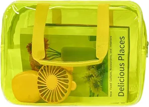ONEART Travel Clear Waterproof PVC Bag, Toiletry Carry Pouch Makeup Artist Bag, Makeup Bags with Zipper Handle Straps, Tote Bag Fluorescent Yellow
