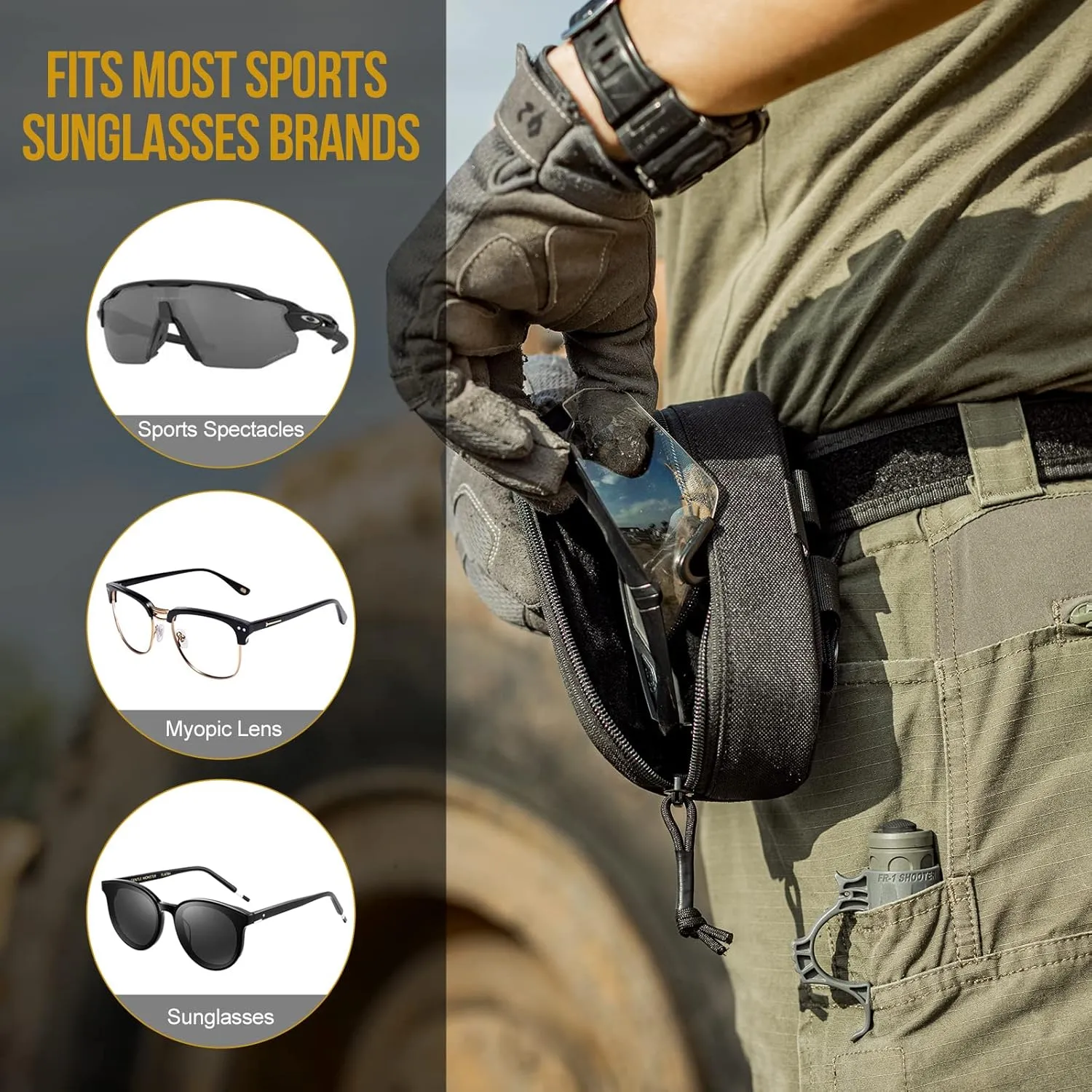 OneTigris Eyeglasses Hard Case Tactical Molle Zipper Sunglasses Carrying Case 1000D Nylon with Clip