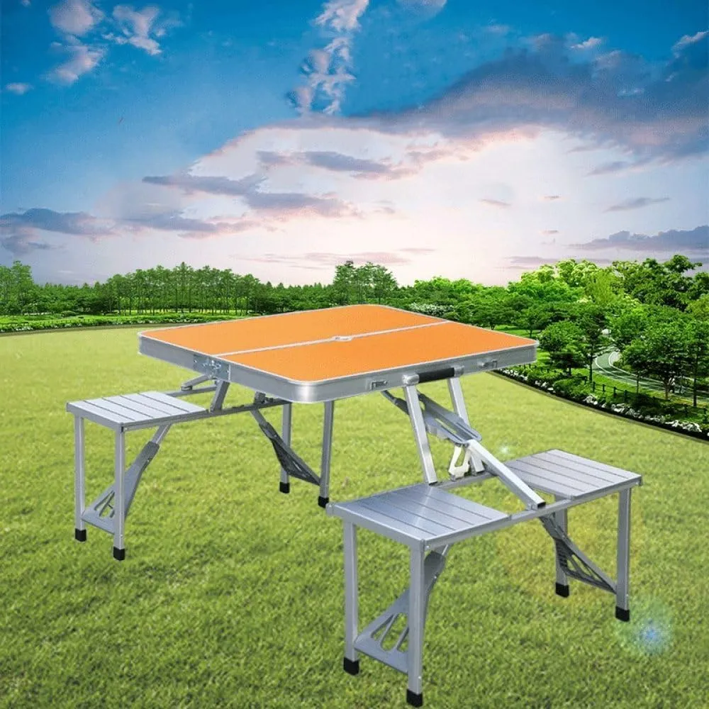 Outdoor Camping Folding Table and air One Table Four airs Aluminum Alloy Connected Simple Portable Folding Picnic Table,Green