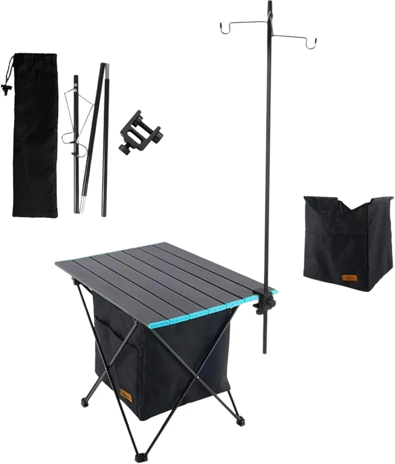 Outdoor Folding Table Aluminum Alloy Folding Table, Lightweight Portable Folding Table with Pocket, Organizer and Light Stand for Picnic Camping(Black,55.2x40.8x46cm)