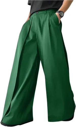 OYOANGLE Men's Baggy Wide Leg Pants Zipper Fly Pleated Trousers Business Casual Dress Pants with Pocket