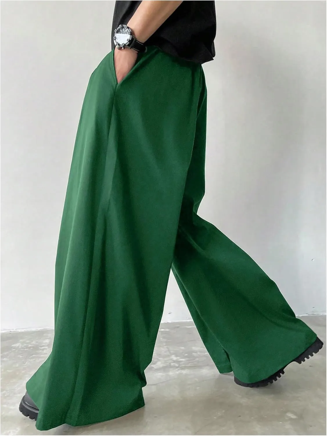 OYOANGLE Men's Baggy Wide Leg Pants Zipper Fly Pleated Trousers Business Casual Dress Pants with Pocket