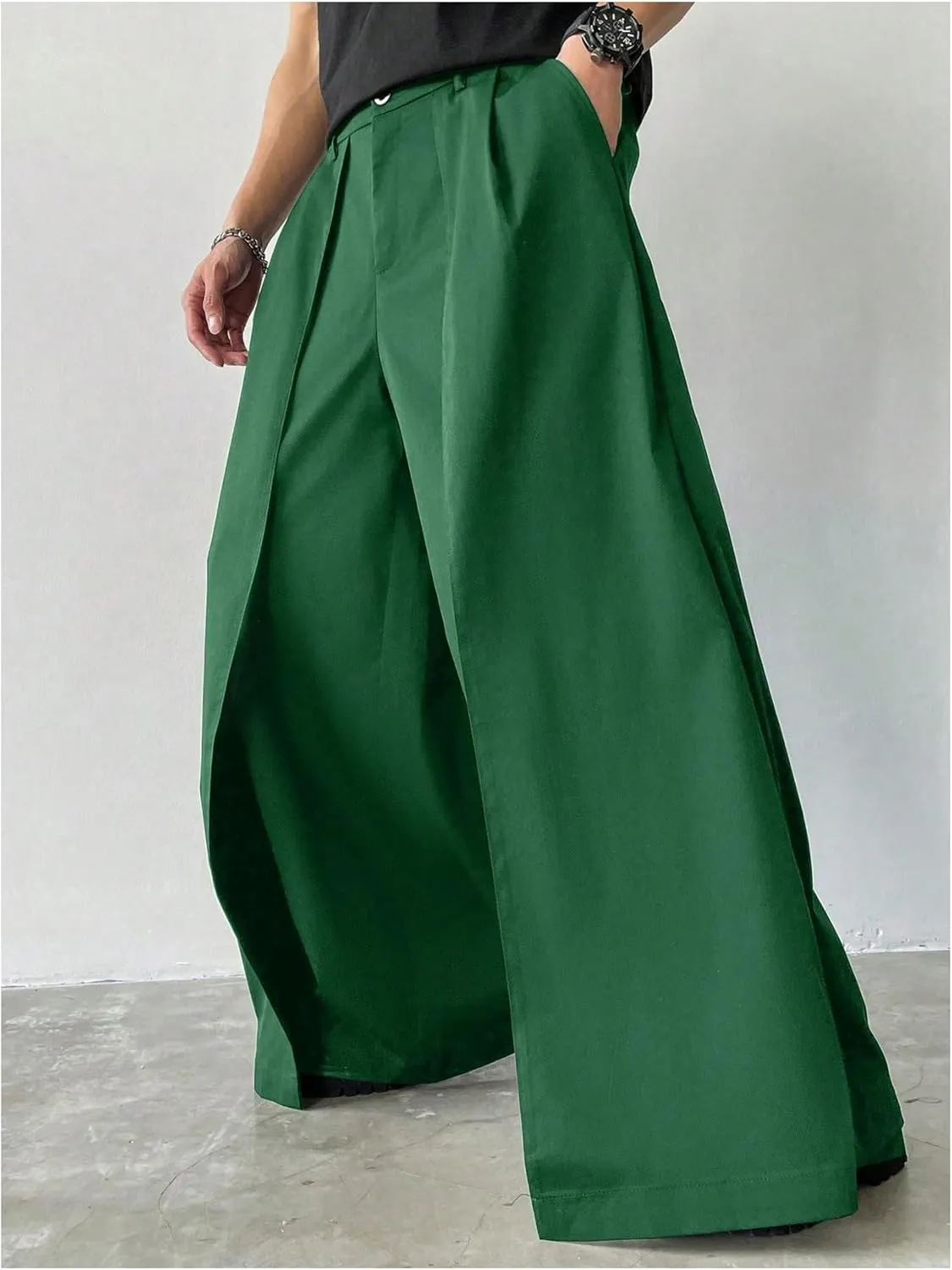 OYOANGLE Men's Baggy Wide Leg Pants Zipper Fly Pleated Trousers Business Casual Dress Pants with Pocket