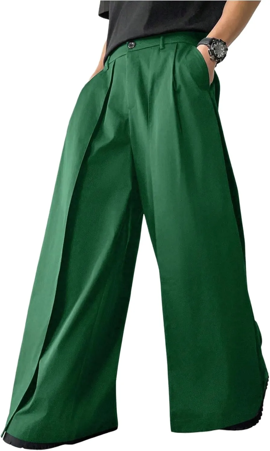 OYOANGLE Men's Baggy Wide Leg Pants Zipper Fly Pleated Trousers Business Casual Dress Pants with Pocket