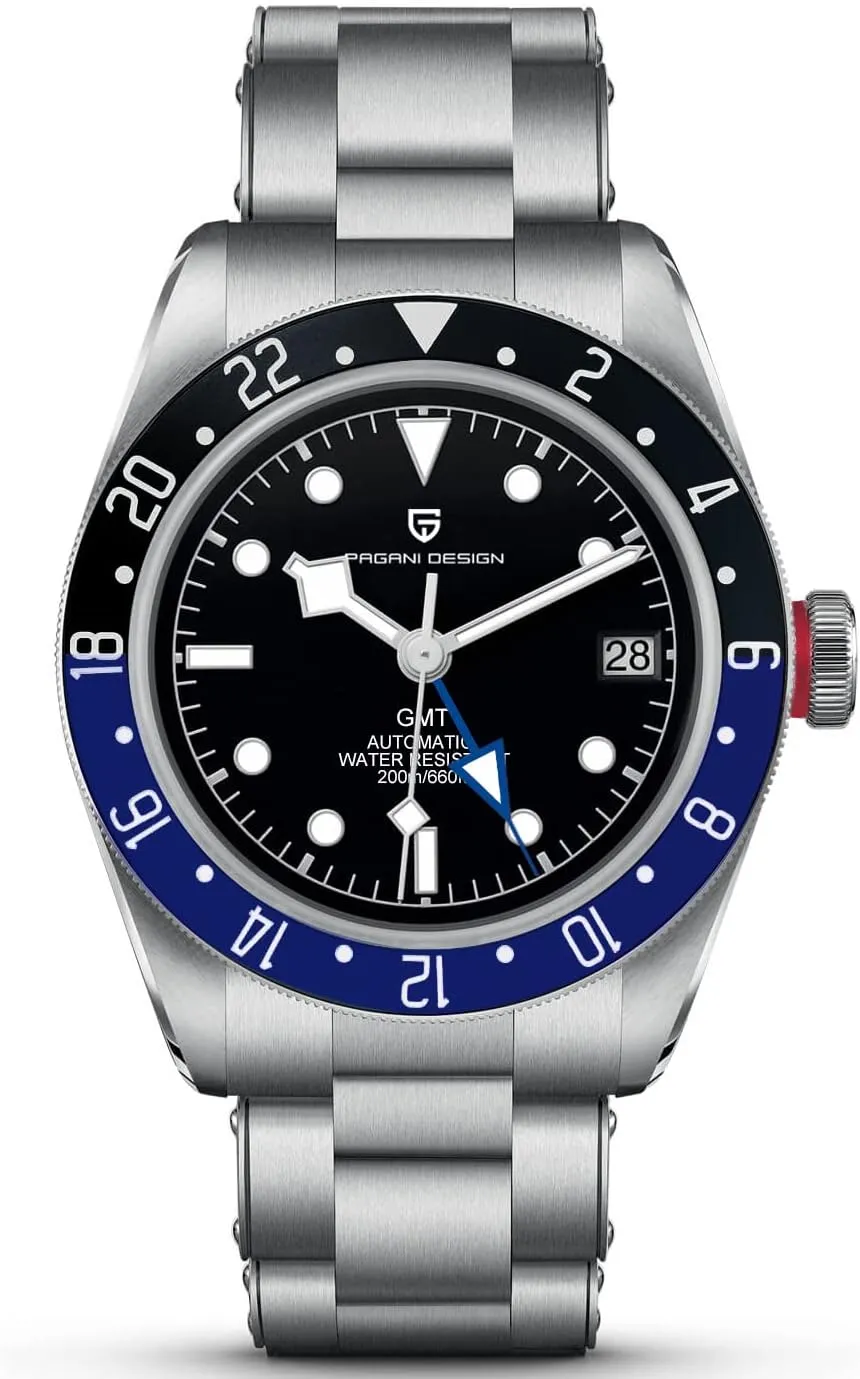 Pagani Design 1706 GMT Men's Automatic Watches, Stainless Steel 100M Waterproof Dual Time Fashion Casual Mens Self Winding Wrist Watch
