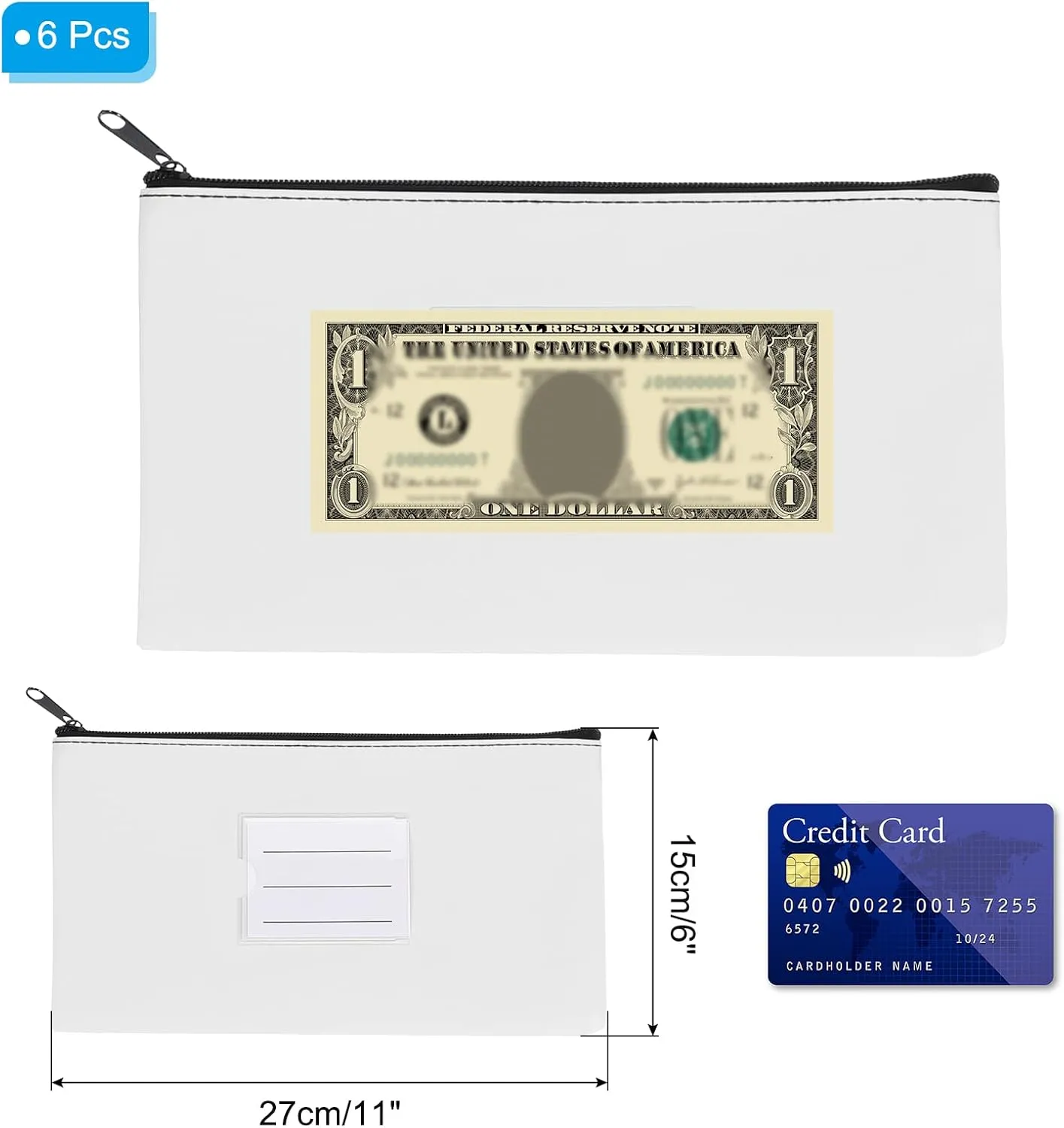 PATIKIL 11x6" Money Bank Deposit Bag with Zipper, 6 Pcs Leatherette Coin Check Wallet Pen Pouch Bag with Clear Window for Office Travel, White
