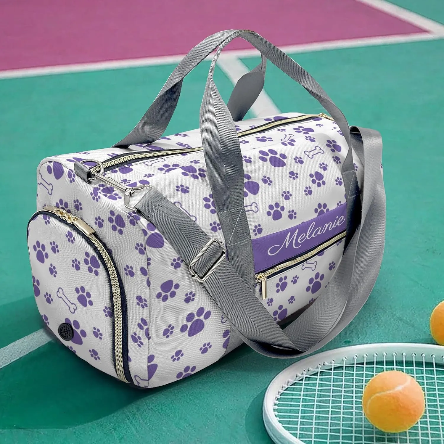 Paws Bones Purple Personalized Duffel Bag with Name Custom Overnight Bag Multi-Function Travel Bag Sports Gym Bag for Travel Weekend Duffel Bag
