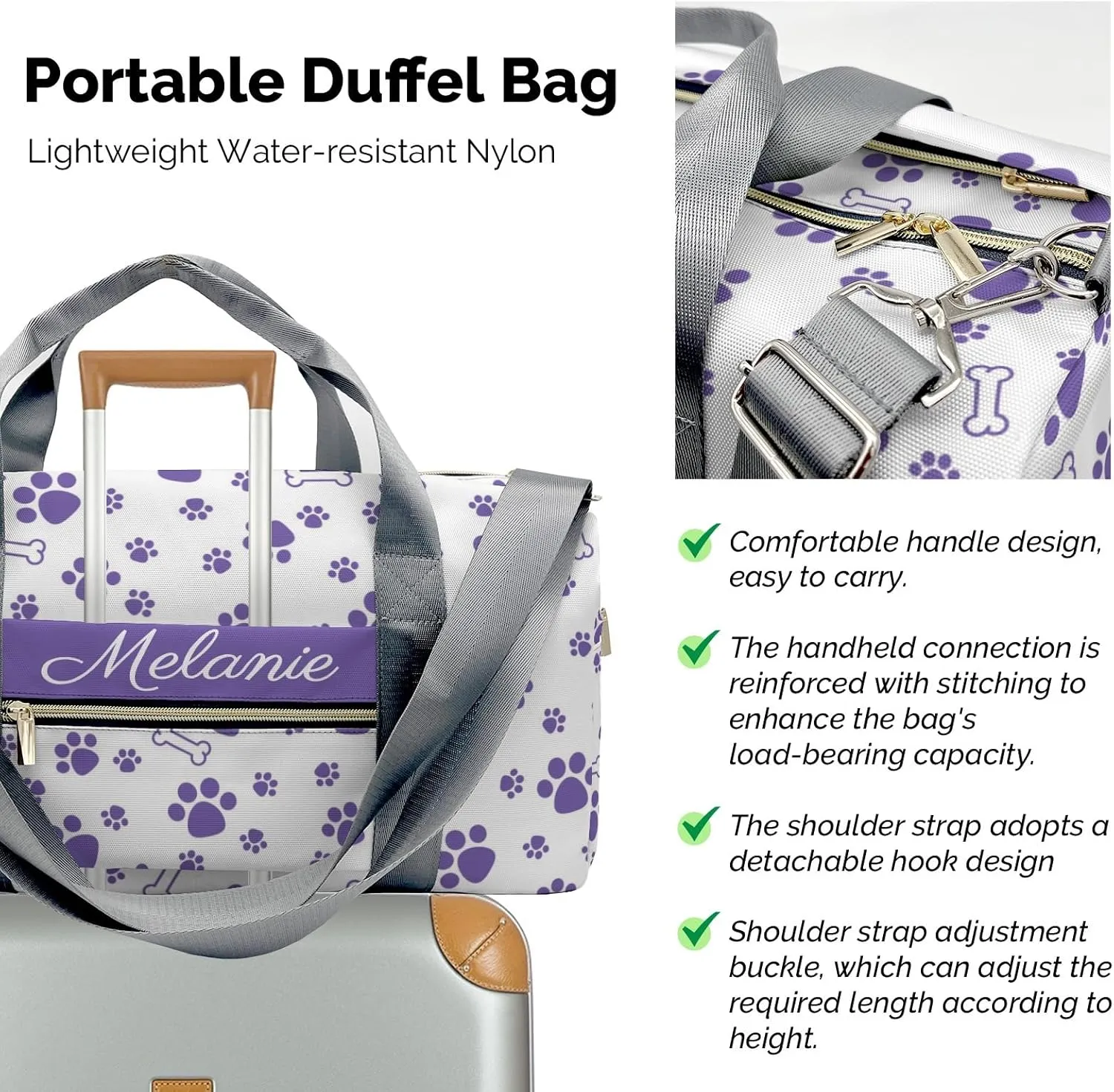Paws Bones Purple Personalized Duffel Bag with Name Custom Overnight Bag Multi-Function Travel Bag Sports Gym Bag for Travel Weekend Duffel Bag