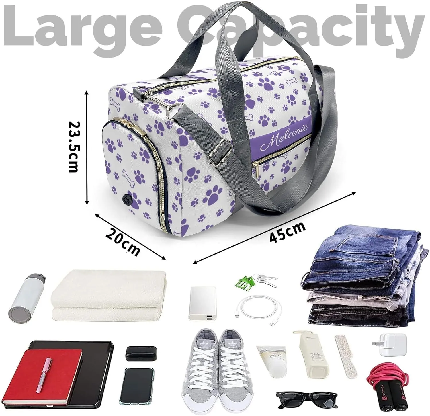 Paws Bones Purple Personalized Duffel Bag with Name Custom Overnight Bag Multi-Function Travel Bag Sports Gym Bag for Travel Weekend Duffel Bag