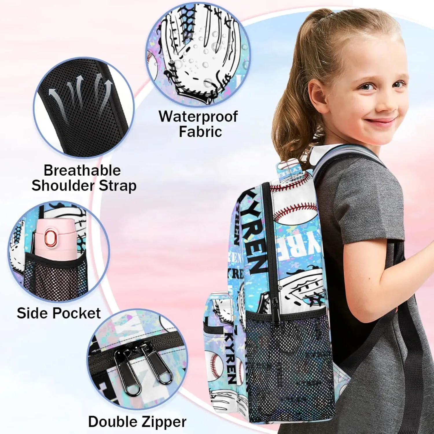 Personalized Baseball Backpack for Men Women, Custom Laptop Backpack with Name, Sports Bag Lightweight Daypack for Travel Hiking Camping, Blue Purple