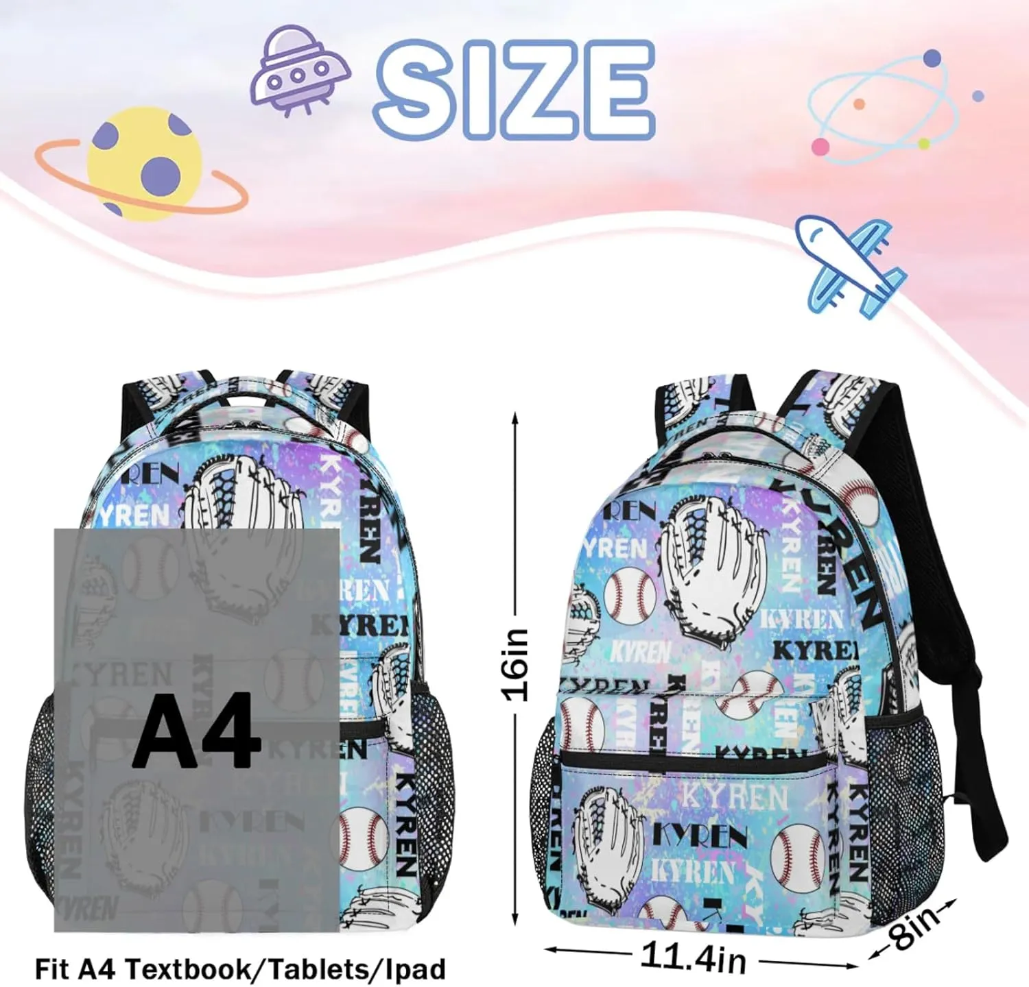 Personalized Baseball Backpack for Men Women, Custom Laptop Backpack with Name, Sports Bag Lightweight Daypack for Travel Hiking Camping, Blue Purple