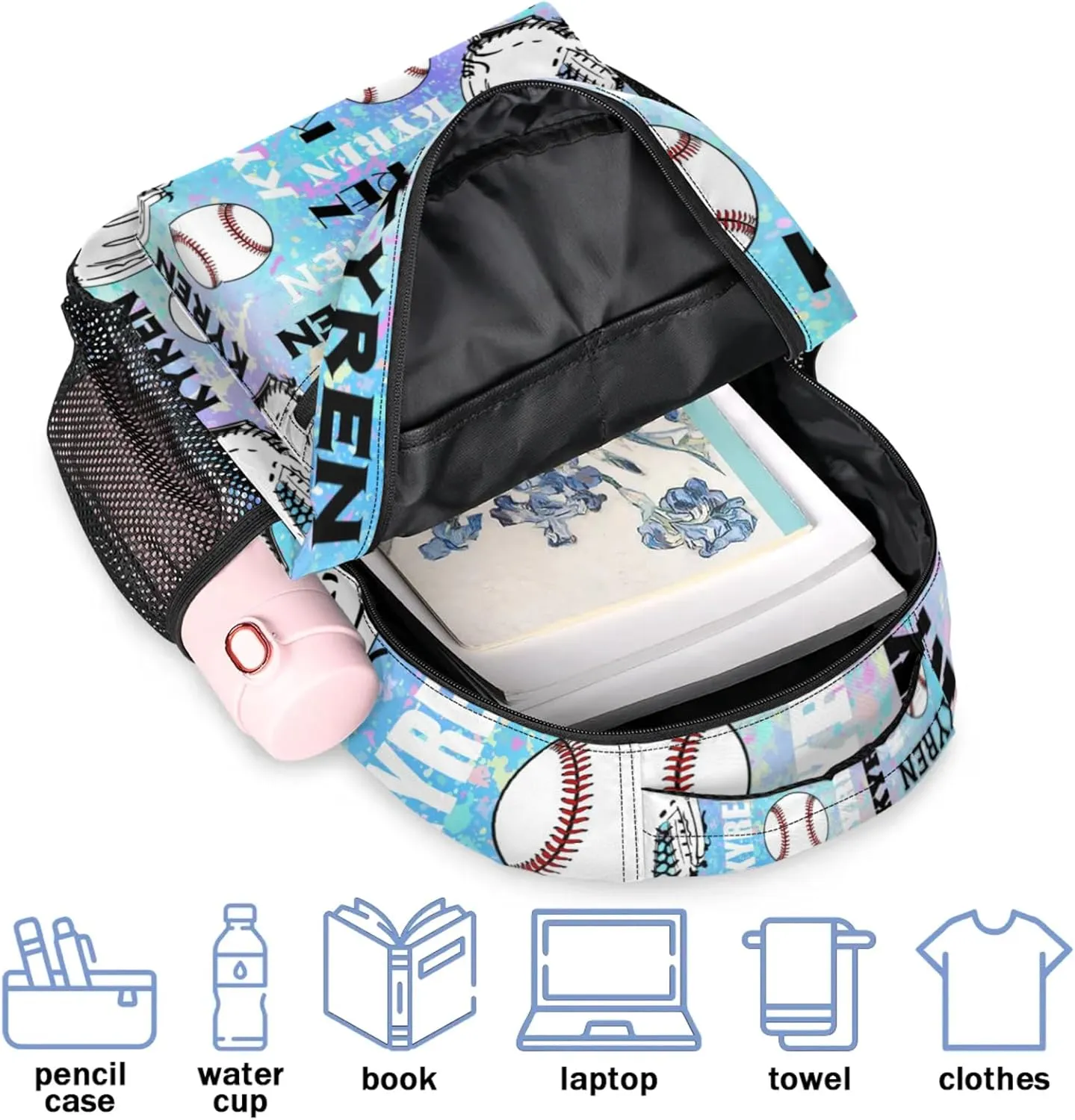 Personalized Baseball Backpack for Men Women, Custom Laptop Backpack with Name, Sports Bag Lightweight Daypack for Travel Hiking Camping, Blue Purple