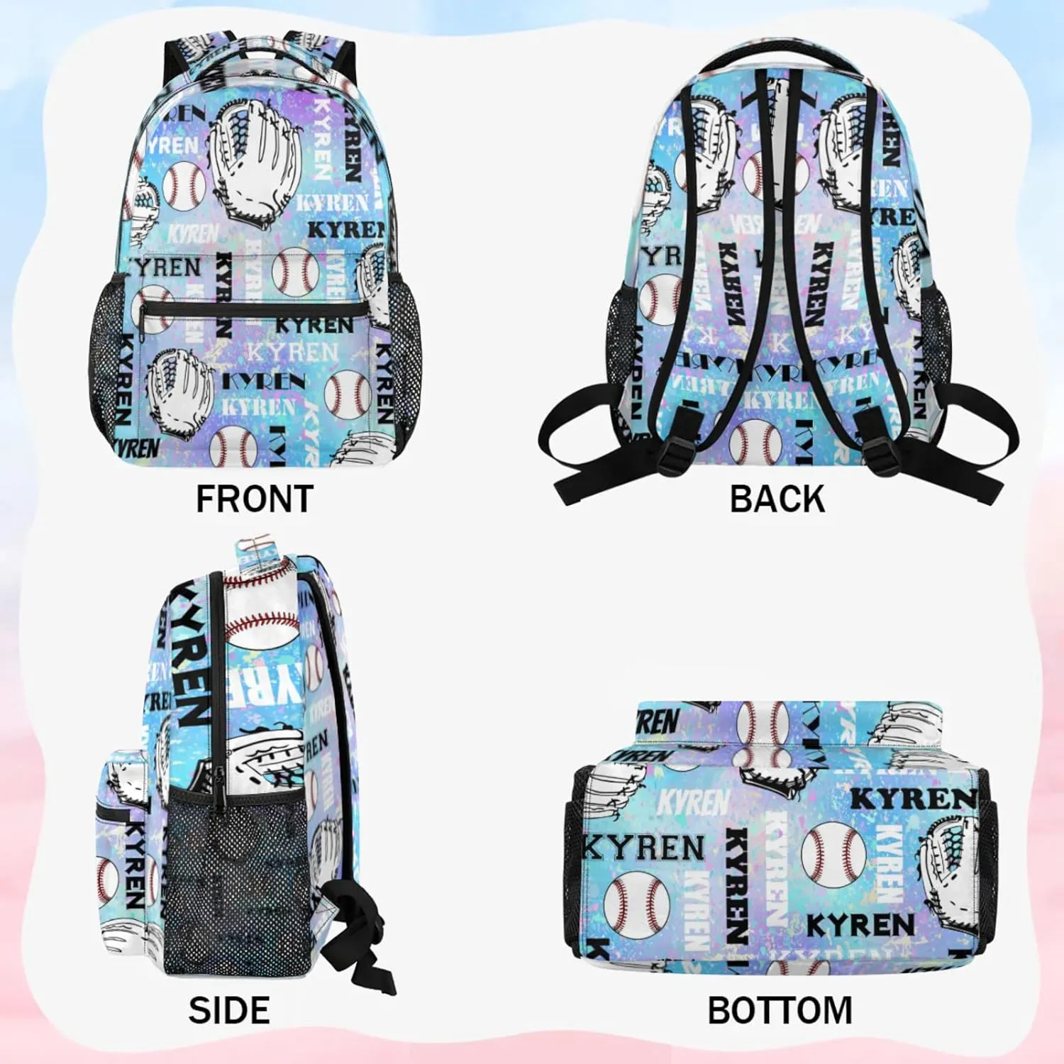Personalized Baseball Backpack for Men Women, Custom Laptop Backpack with Name, Sports Bag Lightweight Daypack for Travel Hiking Camping, Blue Purple