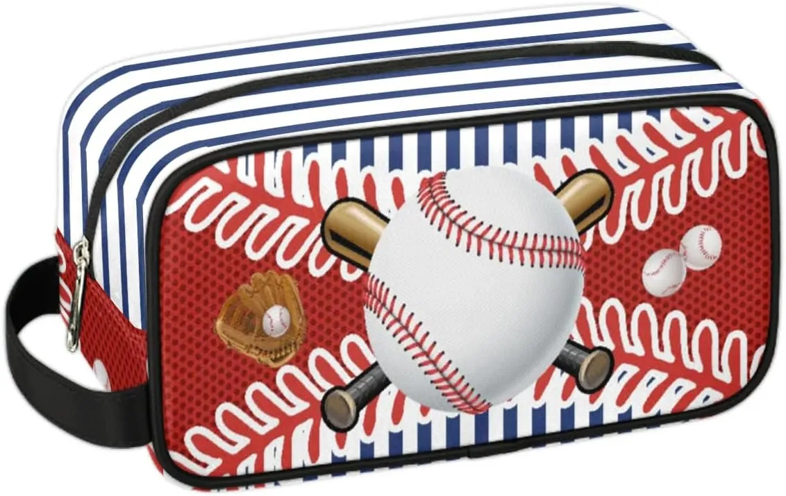 Personalized Baseball Toiletry Bag for Boys Men, Travel Toiletry Bag for Woman Cosmetic Makeup Bag, Blue Stripes Waterproof Shaving Bag for Toiletries Accessories Travel Essentials
