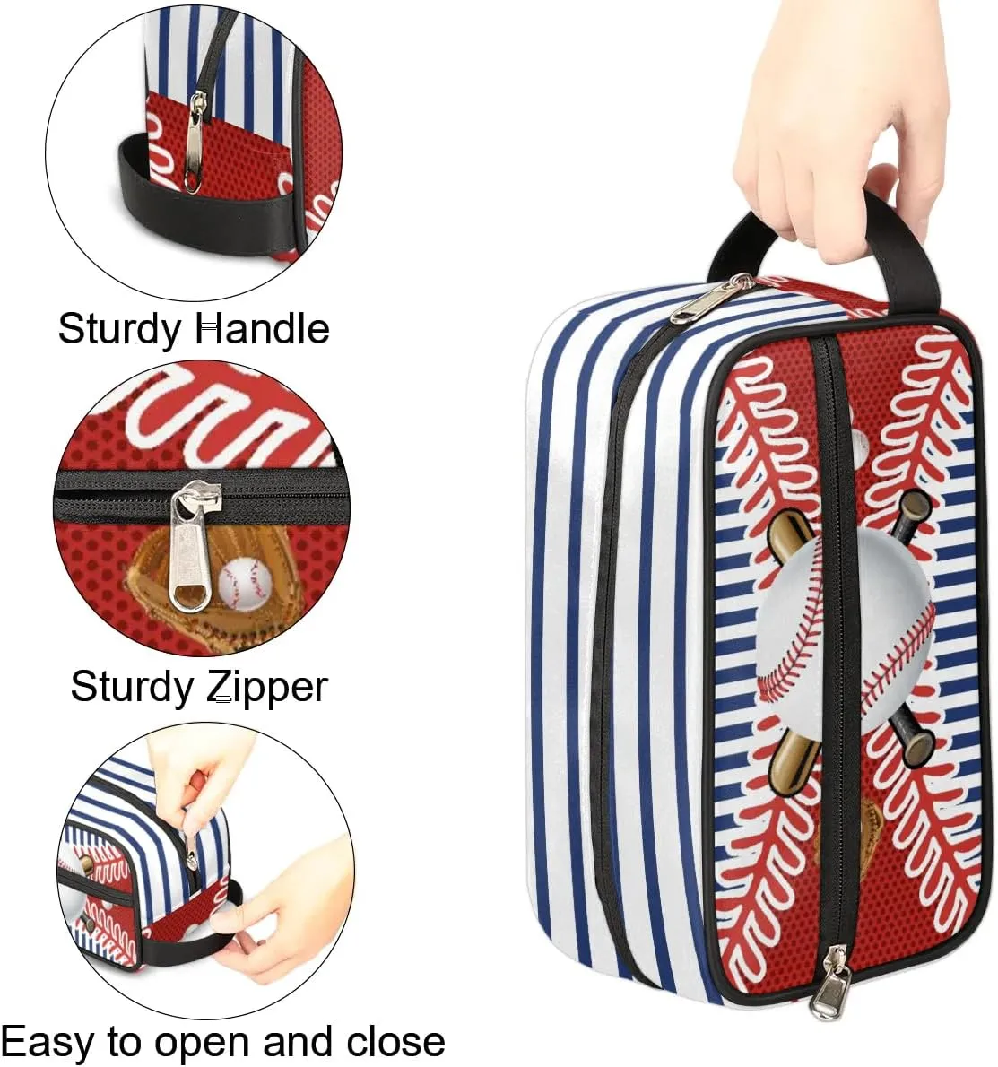 Personalized Baseball Toiletry Bag for Boys Men, Travel Toiletry Bag for Woman Cosmetic Makeup Bag, Blue Stripes Waterproof Shaving Bag for Toiletries Accessories Travel Essentials