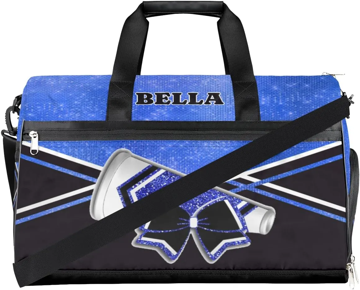 Personalized Cheerleader Bag Dance Bag for Girl Woman, Custom Gym Bag Sport Duffel Bag with Shoes Compartment Cheer Hot Blue Glitter