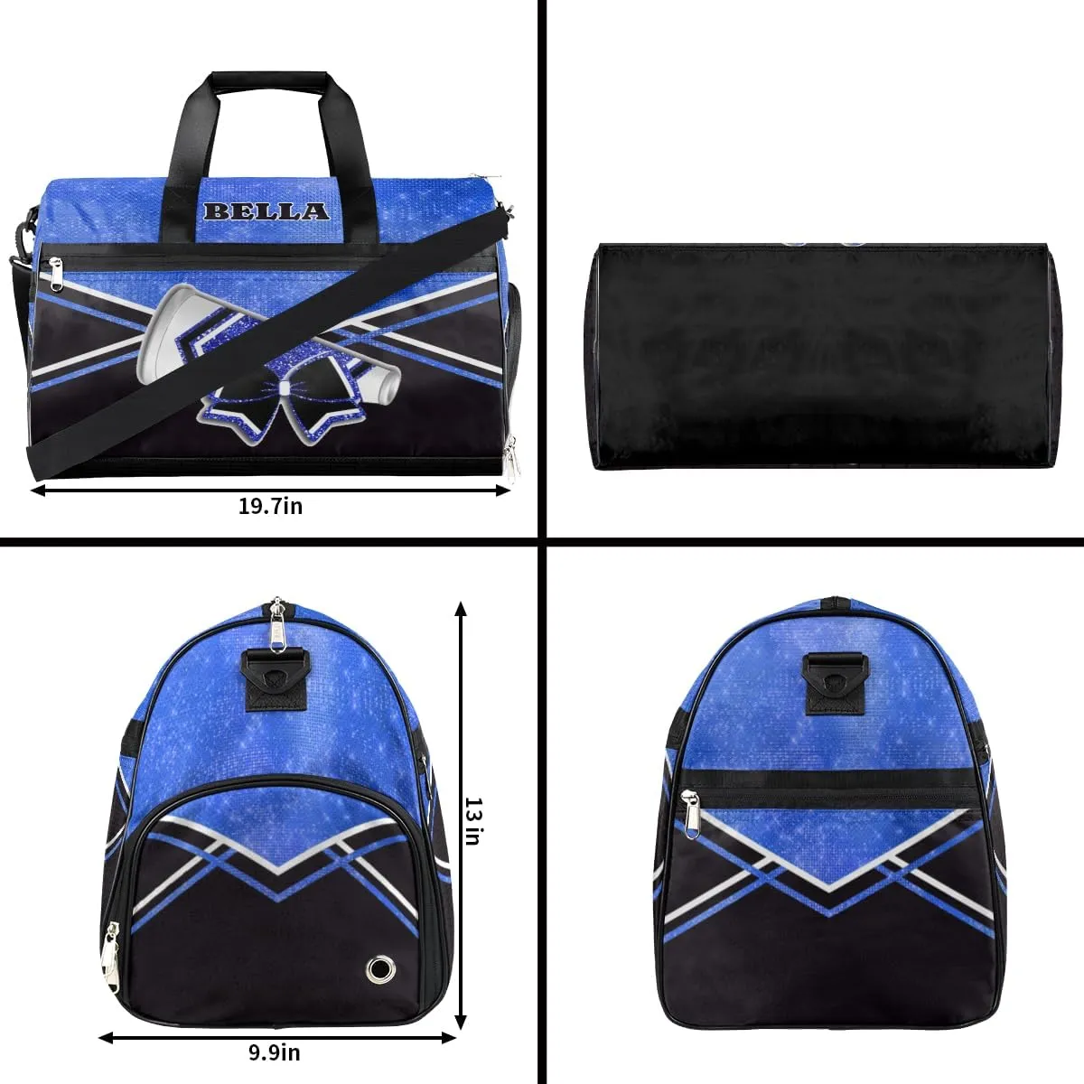 Personalized Cheerleader Bag Dance Bag for Girl Woman, Custom Gym Bag Sport Duffel Bag with Shoes Compartment Cheer Hot Blue Glitter