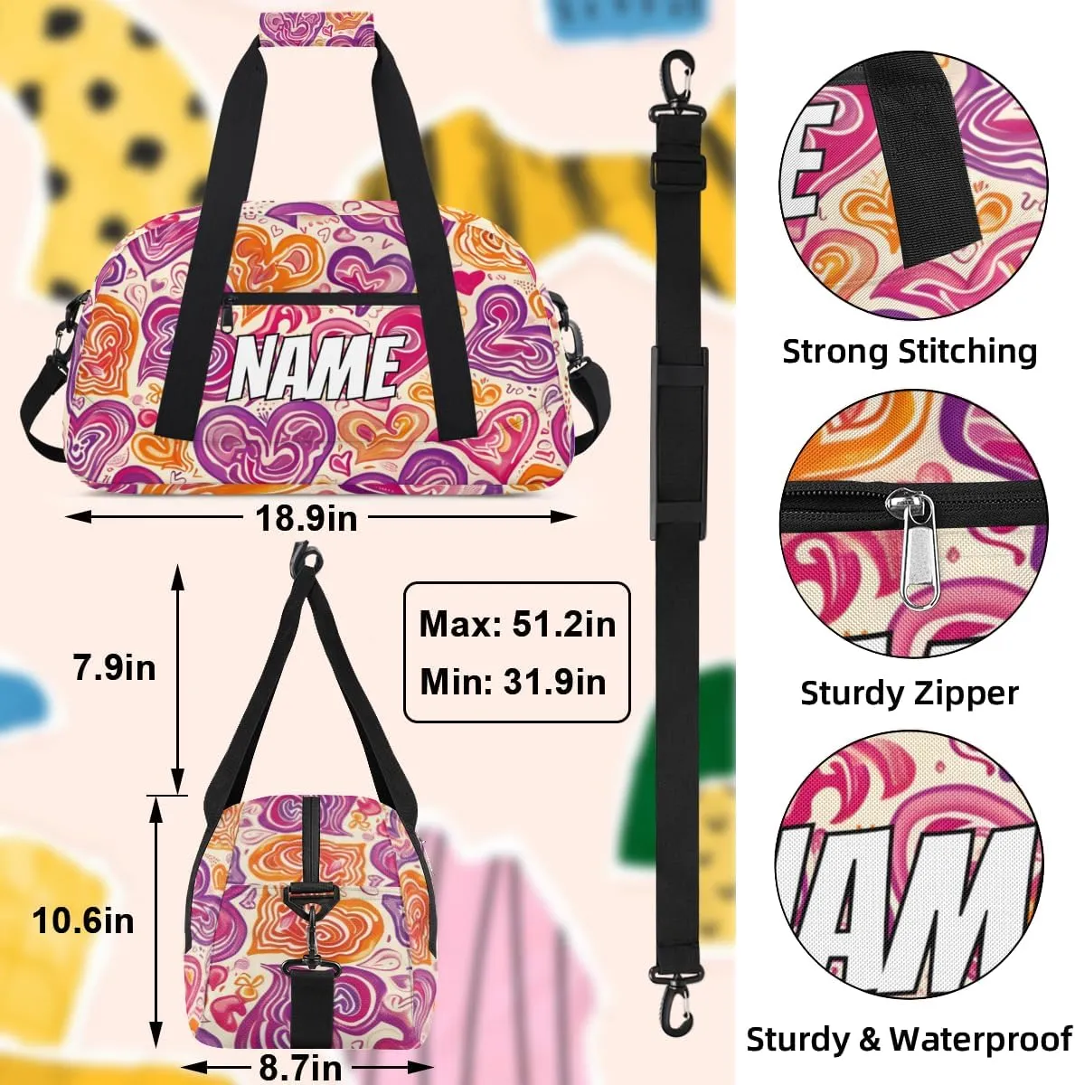 Personalized Custom Gym Bag for Women Men Carry on Abstract Hearts Travel Duffel Tote Purple Yellow Overnight Workout Weekender Bag