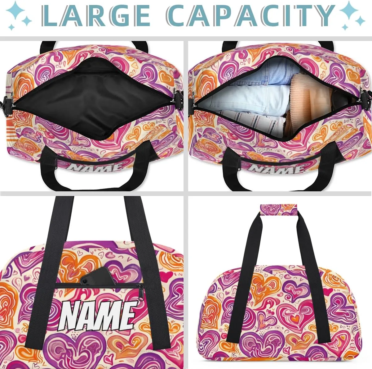 Personalized Custom Gym Bag for Women Men Carry on Abstract Hearts Travel Duffel Tote Purple Yellow Overnight Workout Weekender Bag