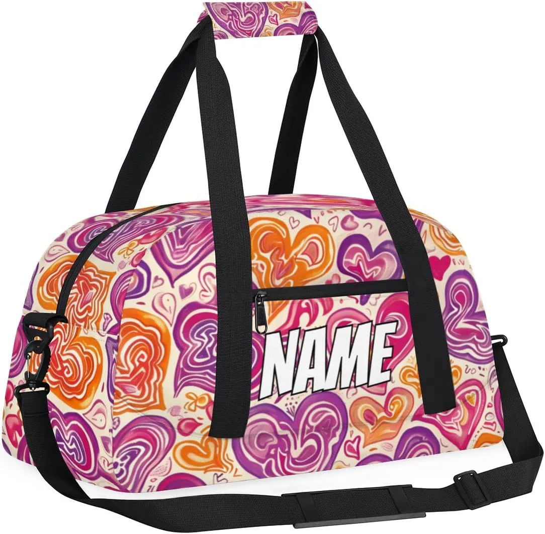 Personalized Custom Gym Bag for Women Men Carry on Abstract Hearts Travel Duffel Tote Purple Yellow Overnight Workout Weekender Bag