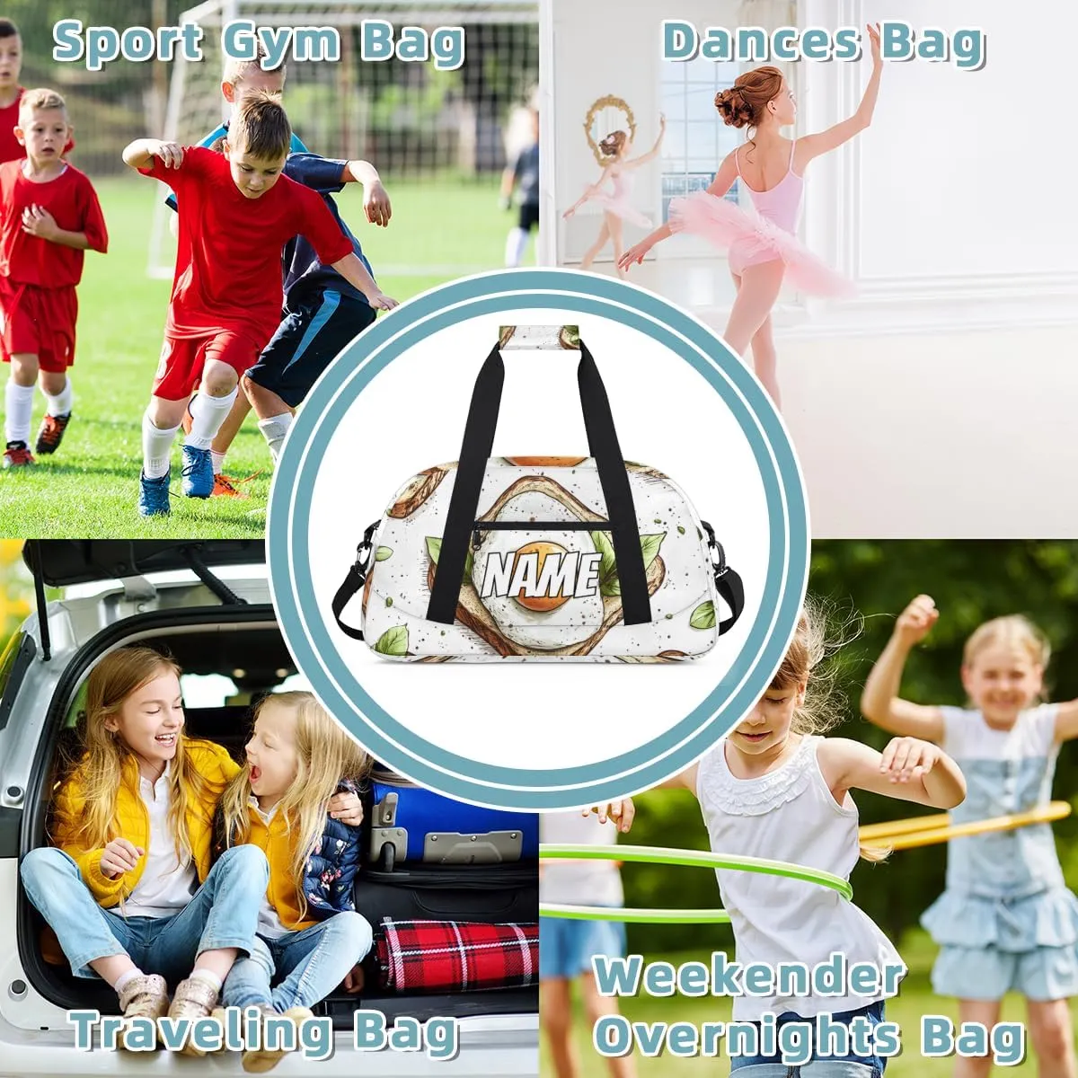 Personalized Custom Gym Bag for Women Men Carry on Eggs Sandwiches Travel Duffel Tote Delicious Breakfast Overnight Workout Weekender Bag