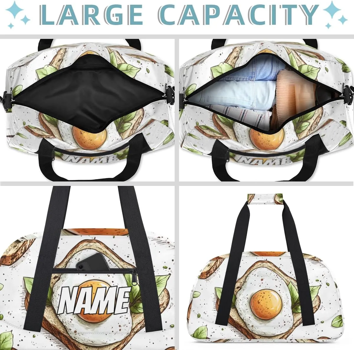 Personalized Custom Gym Bag for Women Men Carry on Eggs Sandwiches Travel Duffel Tote Delicious Breakfast Overnight Workout Weekender Bag
