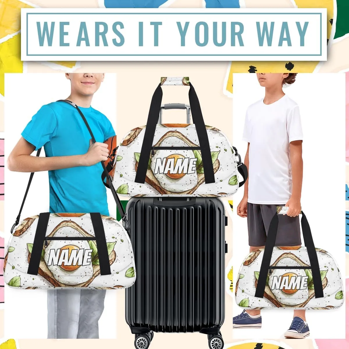 Personalized Custom Gym Bag for Women Men Carry on Eggs Sandwiches Travel Duffel Tote Delicious Breakfast Overnight Workout Weekender Bag