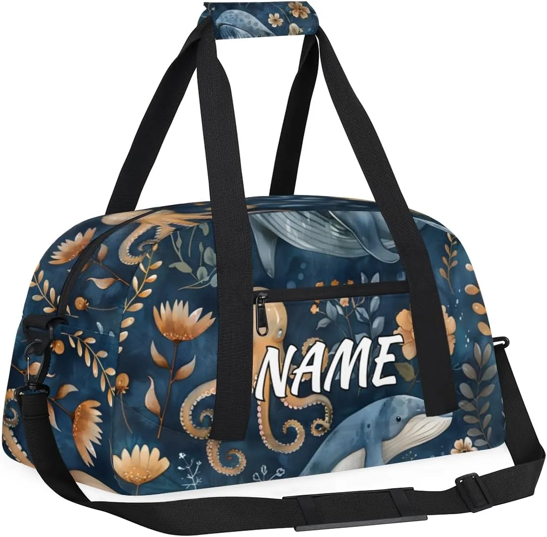 Personalized Custom Gym Bag for Women Men Carry on Whale Octopus Travel Duffel Tote Underwater World Overnight Workout Weekender Bag