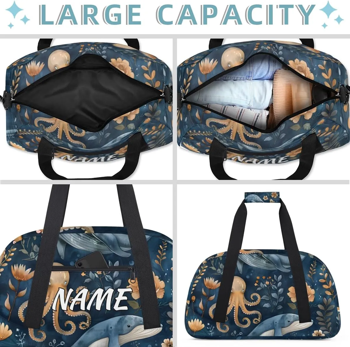 Personalized Custom Gym Bag for Women Men Carry on Whale Octopus Travel Duffel Tote Underwater World Overnight Workout Weekender Bag