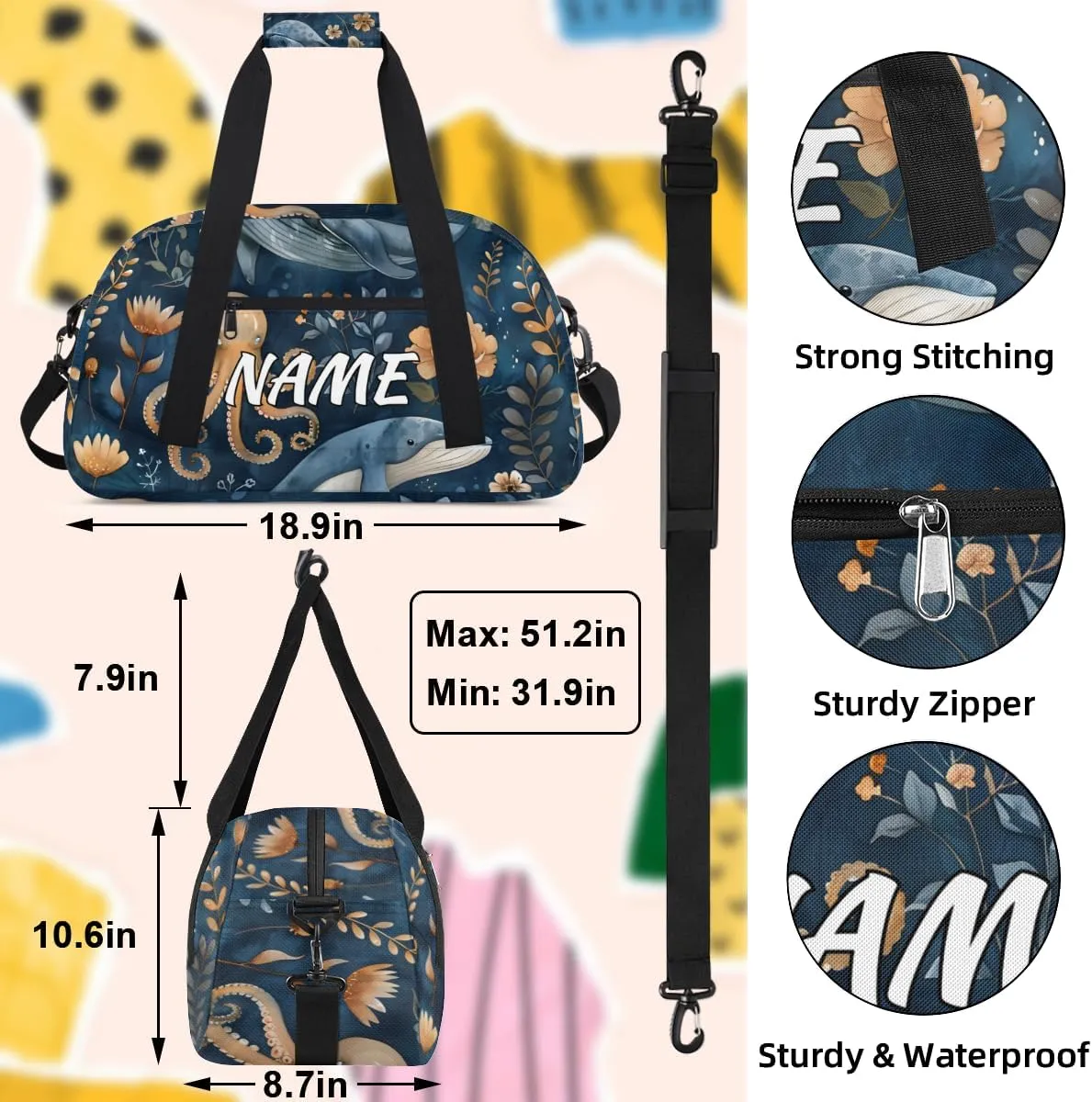 Personalized Custom Gym Bag for Women Men Carry on Whale Octopus Travel Duffel Tote Underwater World Overnight Workout Weekender Bag
