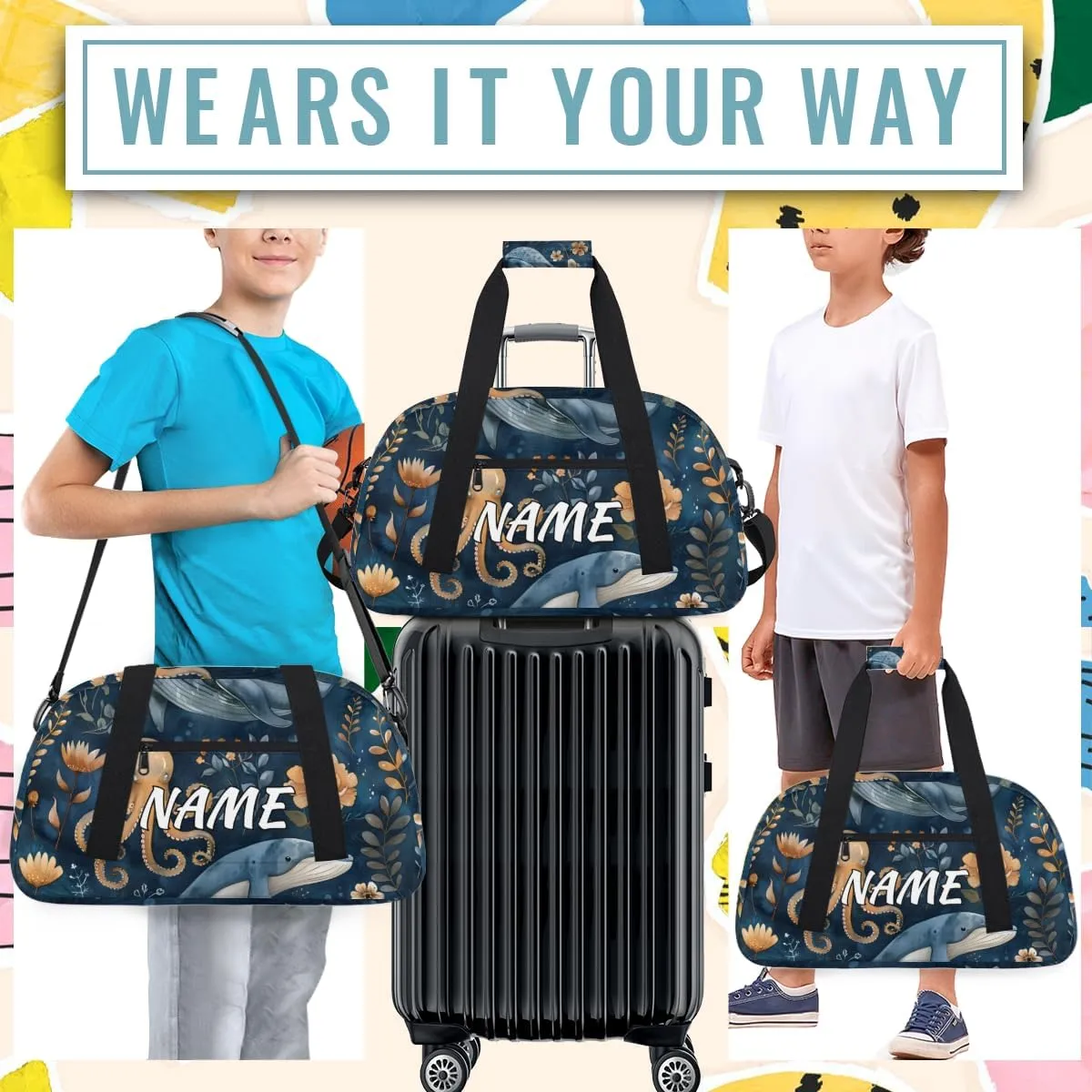 Personalized Custom Gym Bag for Women Men Carry on Whale Octopus Travel Duffel Tote Underwater World Overnight Workout Weekender Bag