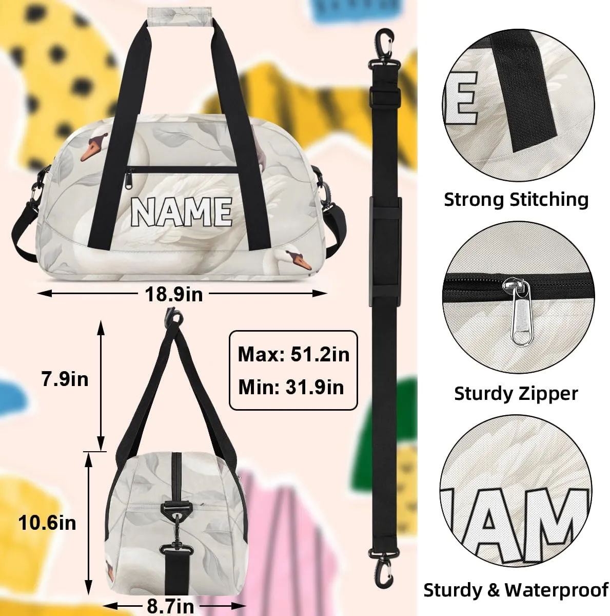 Personalized Custom Gym Bag for Women Men Carry on White Goose Travel Duffel Tote Farm Animal Overnight Workout Weekender Bag