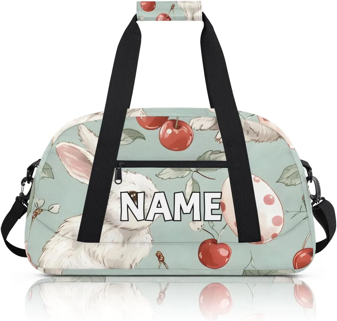 Personalized Custom Gym Bag for Women Men Carry on White Rabbits Travel Duffel Tote Red Cherry Overnight Workout Weekender Bag