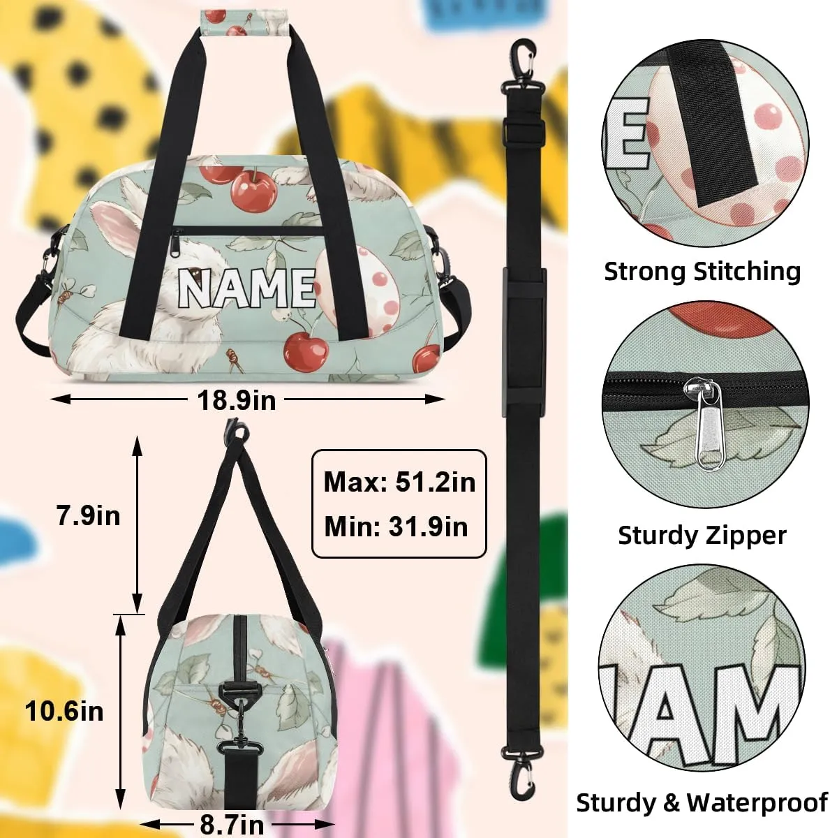 Personalized Custom Gym Bag for Women Men Carry on White Rabbits Travel Duffel Tote Red Cherry Overnight Workout Weekender Bag