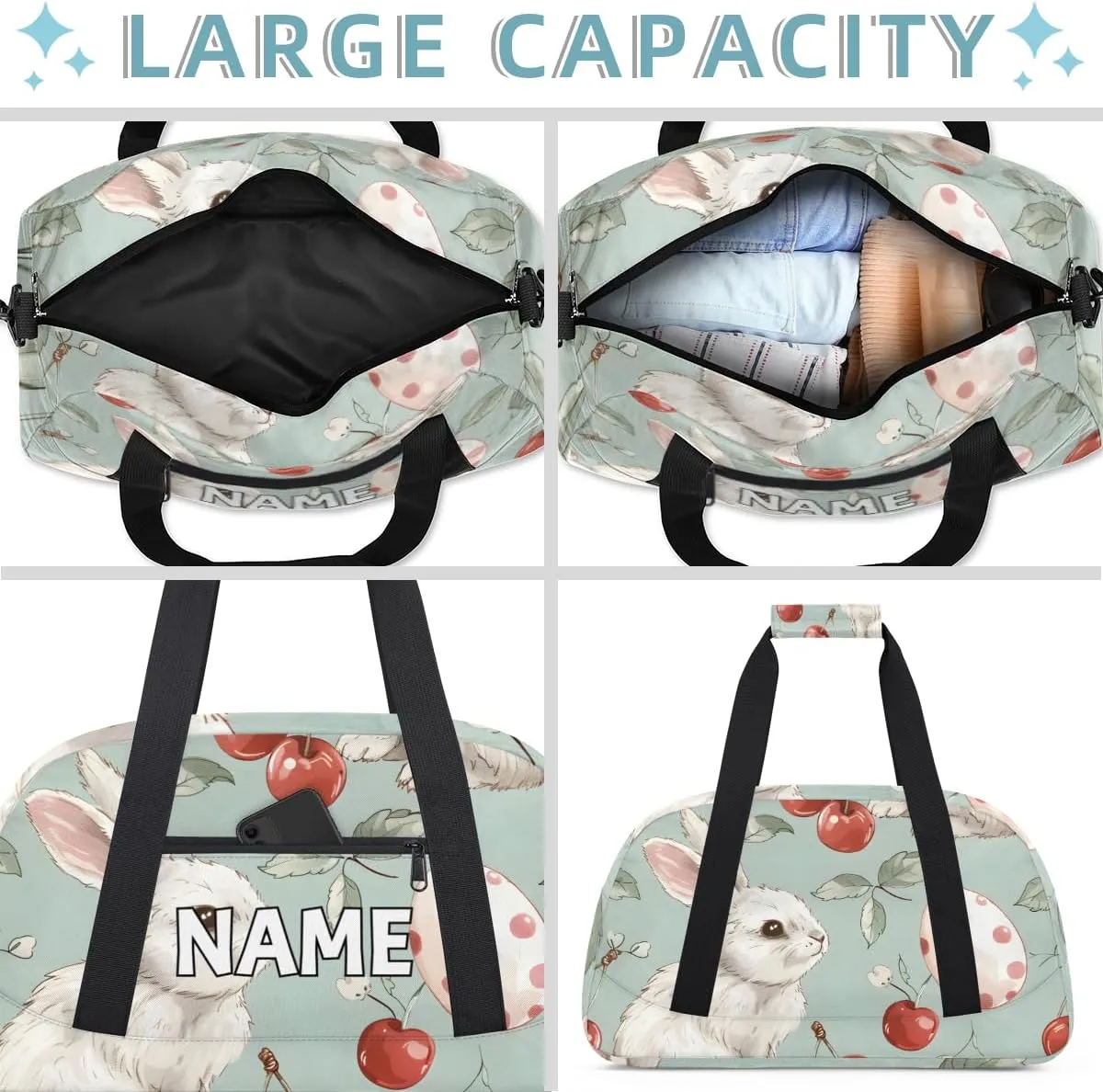 Personalized Custom Gym Bag for Women Men Carry on White Rabbits Travel Duffel Tote Red Cherry Overnight Workout Weekender Bag