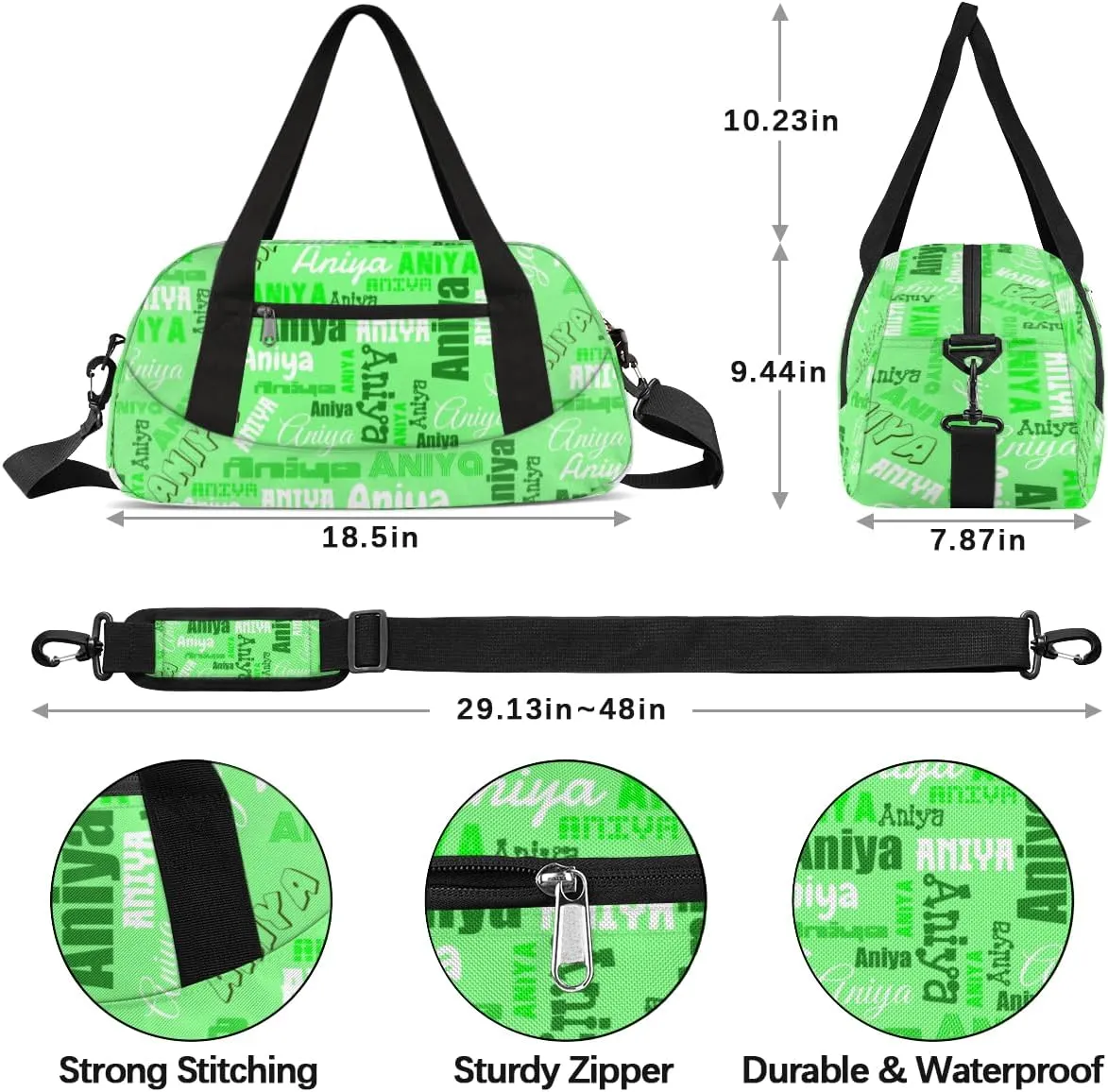 Personalized Gym Bag for Girls Teens, Custom Dance Bag Overnight Small Duffel Bag Carry On Weekend Sports Travel Bag for School Practice Gymnastics Ballet, Dense Text Green