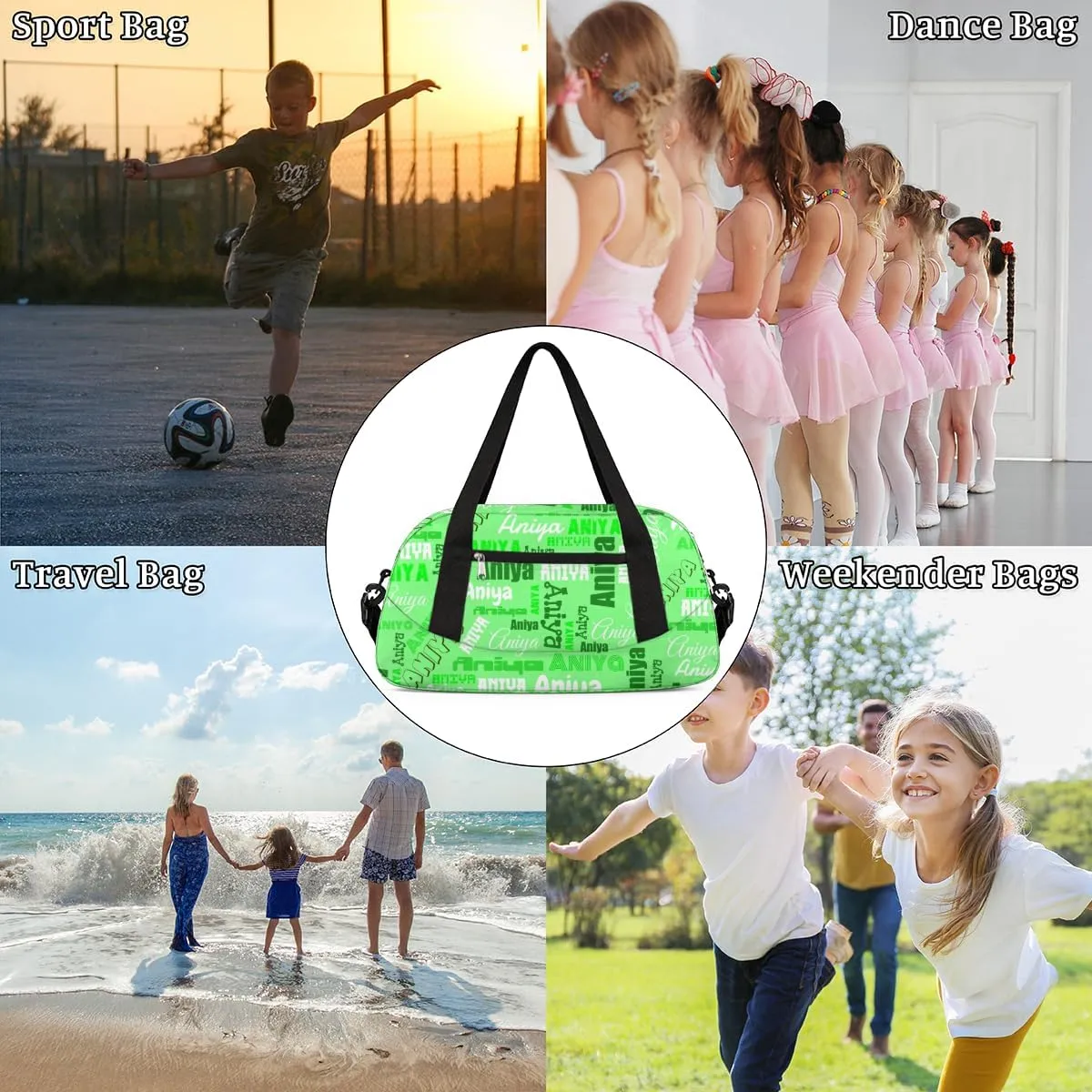Personalized Gym Bag for Girls Teens, Custom Dance Bag Overnight Small Duffel Bag Carry On Weekend Sports Travel Bag for School Practice Gymnastics Ballet, Dense Text Green