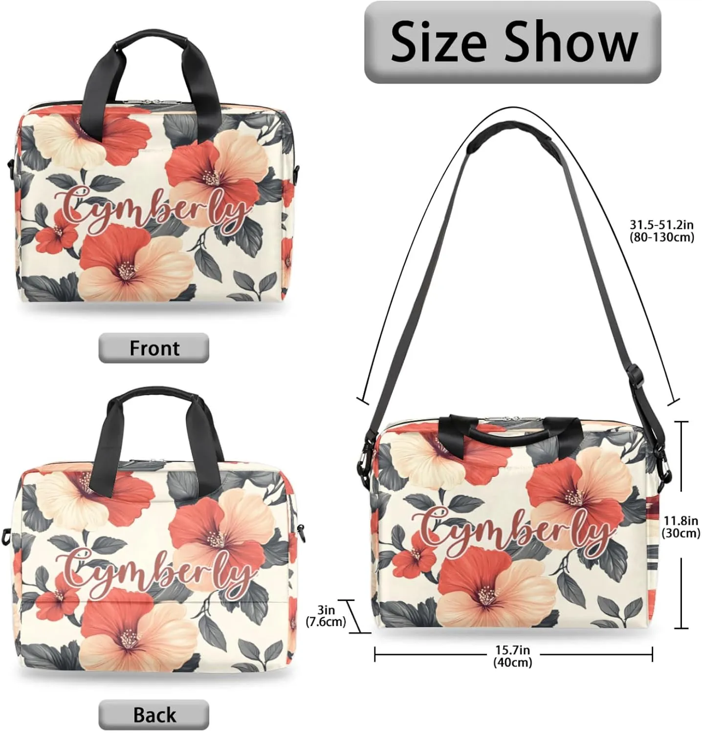 Personalized Name Flower Laptop Bag for Women, Custom Computer Bag Messenger Bags for Work Business, 16 Inch